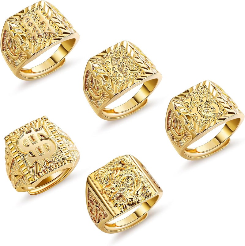 NICEIGHT 5Pcs 18K Gold Filled Rings Set for Men Women Kanji Rings Rich Luck Wealth Dragon Dollar Rings Set Adjustable Size - Image 1